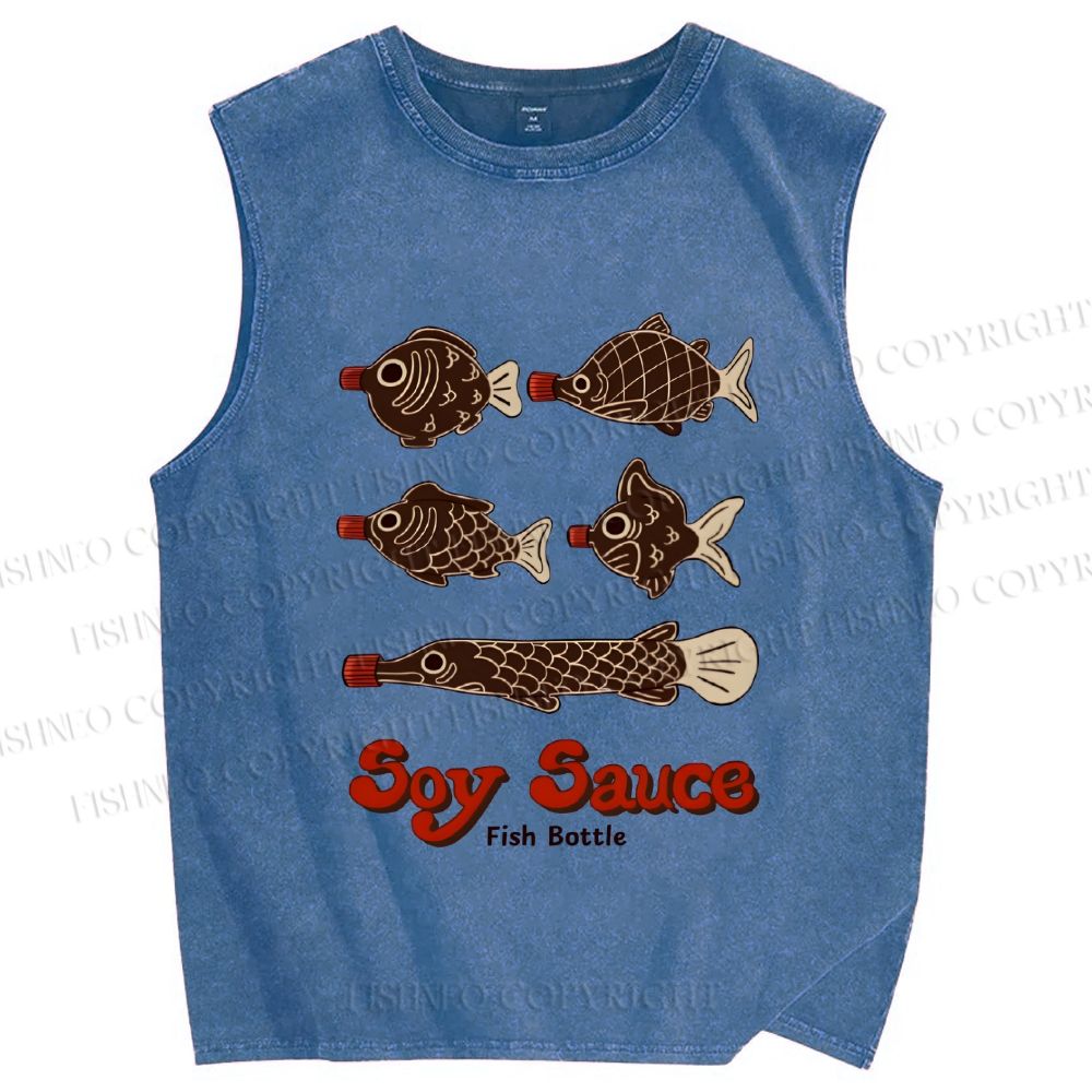 Unisex Soy Sauce Japanese Fish Printed Washed Tank Top