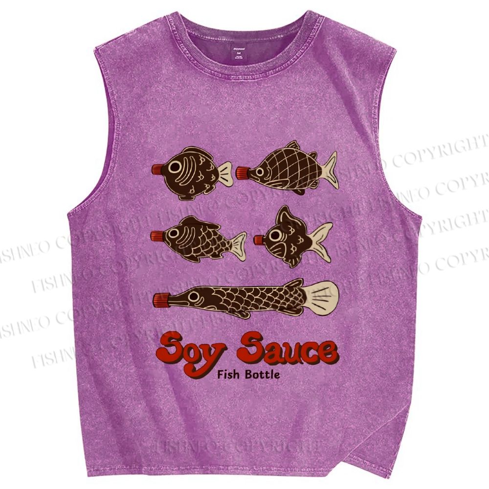 Unisex Soy Sauce Japanese Fish Printed Washed Tank Top