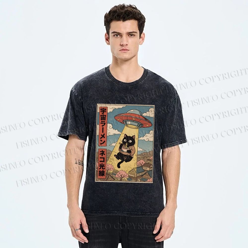 Unisex UFO Black Cat Having Ramen Printed Washed Tee