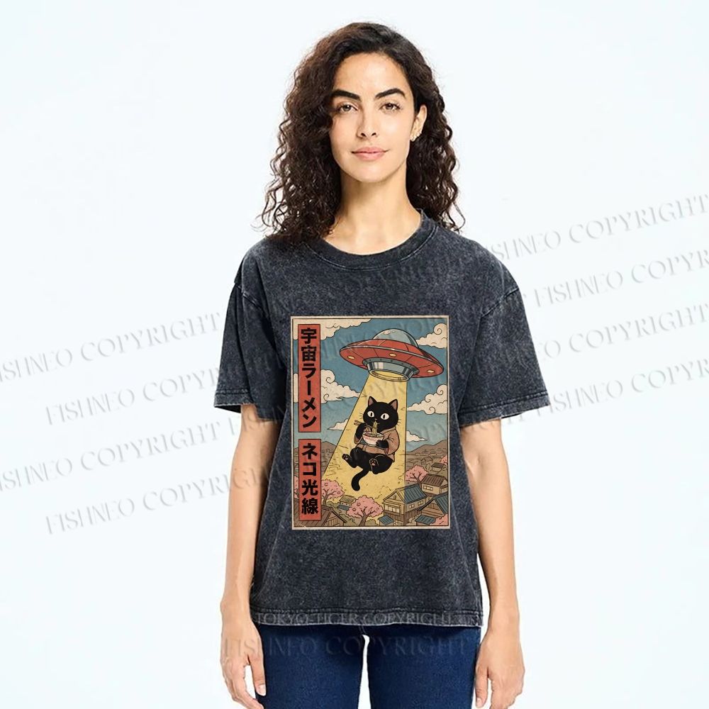 Unisex UFO Black Cat Having Ramen Printed Washed Tee
