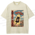 Unisex UFO Black Cat Having Ramen Printed Washed Tee