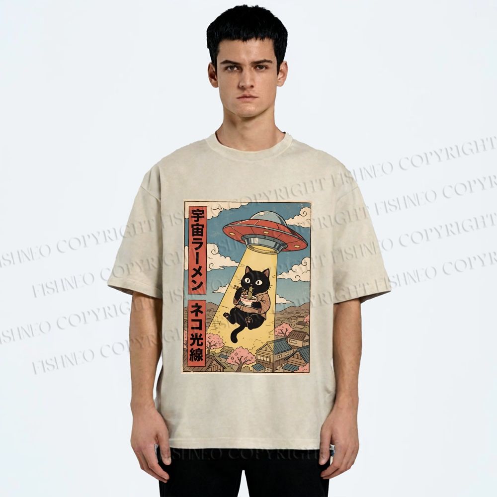 Unisex UFO Black Cat Having Ramen Printed Washed Tee