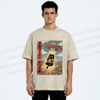 Unisex UFO Black Cat Having Ramen Printed Washed Tee