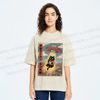 Unisex UFO Black Cat Having Ramen Printed Washed Tee