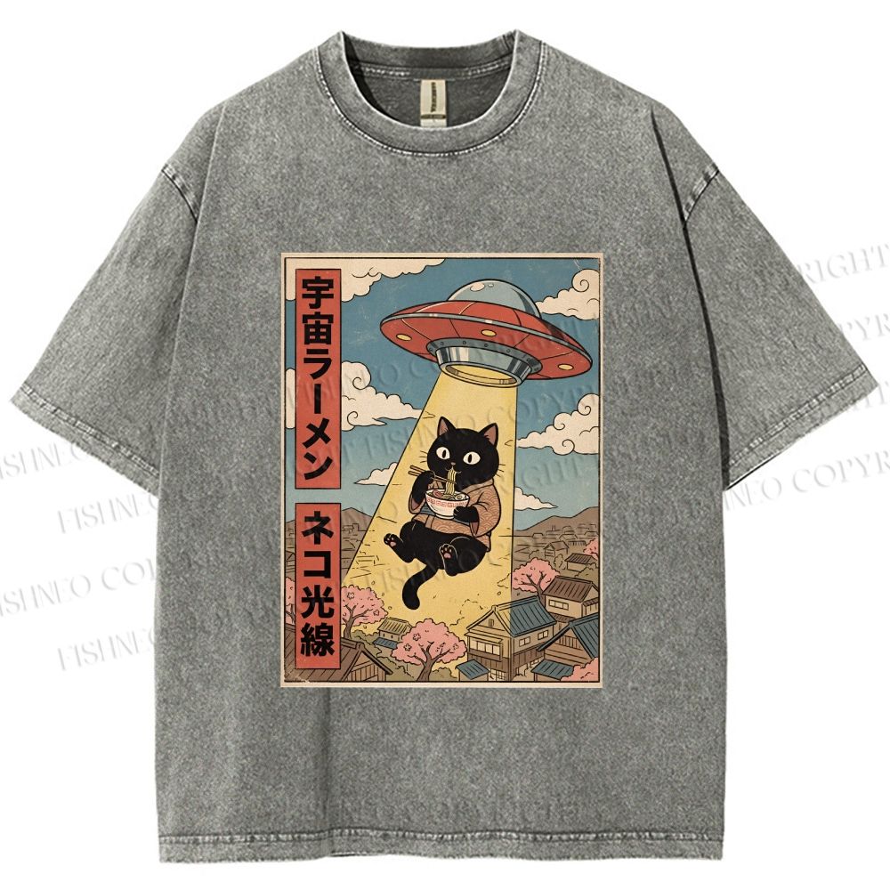 Unisex UFO Black Cat Having Ramen Printed Washed Tee