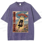 Unisex UFO Black Cat Having Ramen Printed Washed Tee