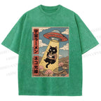 Unisex UFO Black Cat Having Ramen Printed Washed Tee
