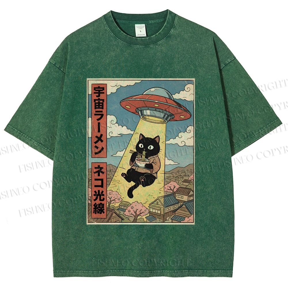 Unisex UFO Black Cat Having Ramen Printed Washed Tee