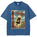 Unisex UFO Black Cat Having Ramen Printed Washed Tee