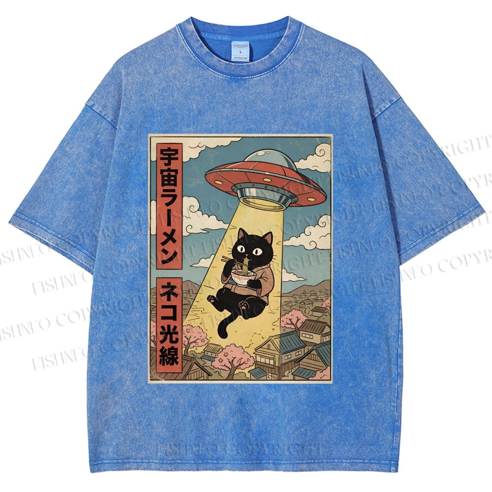 Unisex UFO Black Cat Having Ramen Printed Washed Tee