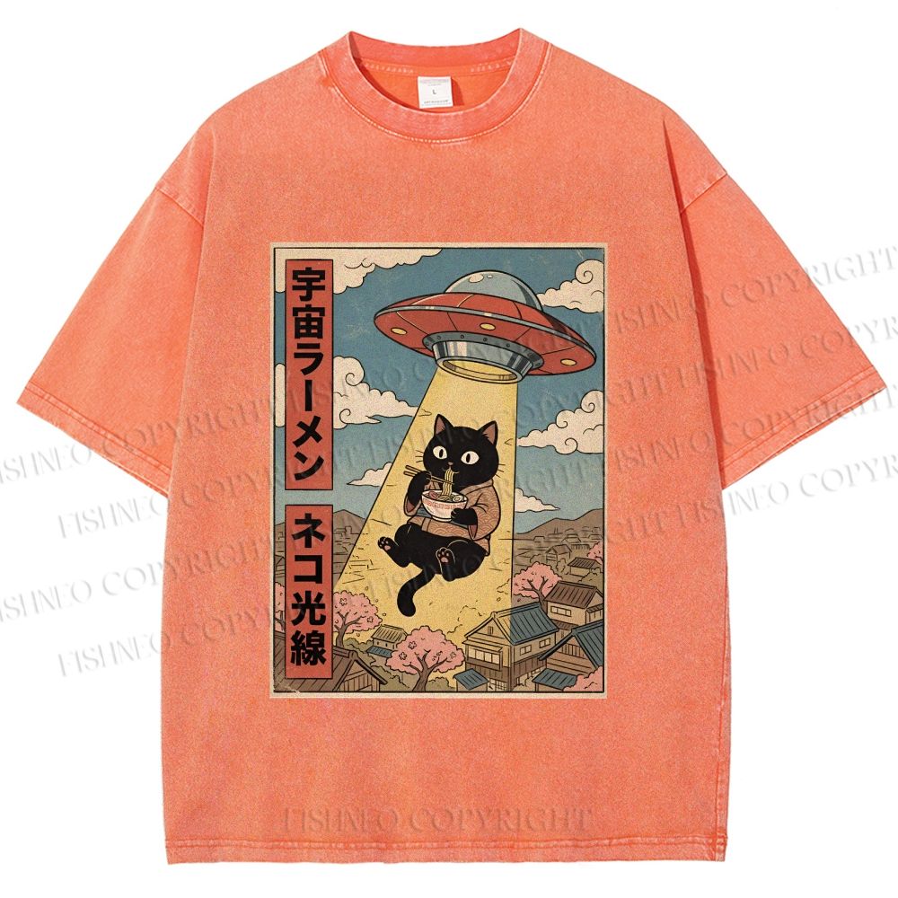 Unisex UFO Black Cat Having Ramen Printed Washed Tee