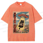 Unisex UFO Black Cat Having Ramen Printed Washed Tee