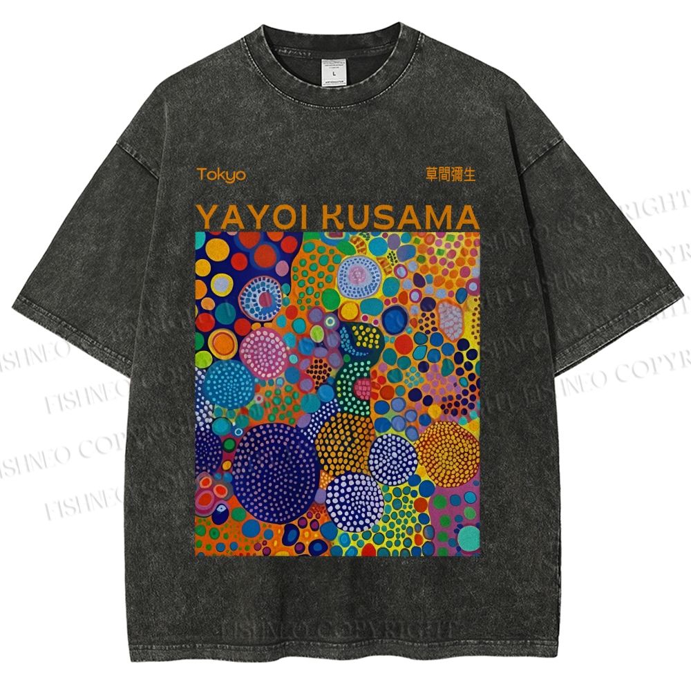 Unisex Yayoi Kusama Multicolor Dots Printed Washed Tee