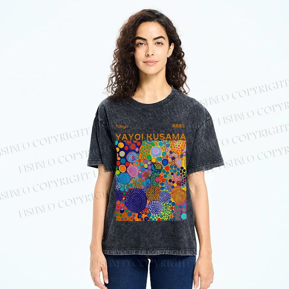 Unisex Yayoi Kusama Multicolor Dots Printed Washed Tee