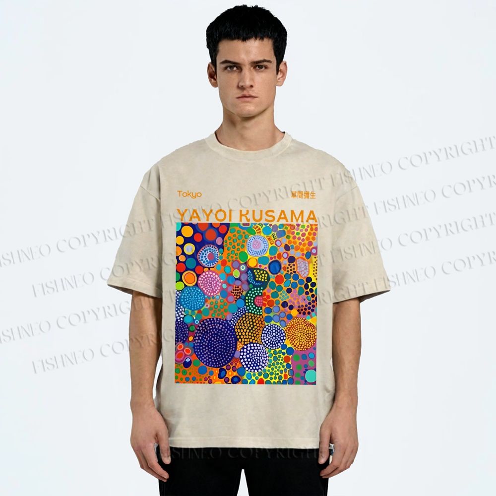 Unisex Yayoi Kusama Multicolor Dots Printed Washed Tee