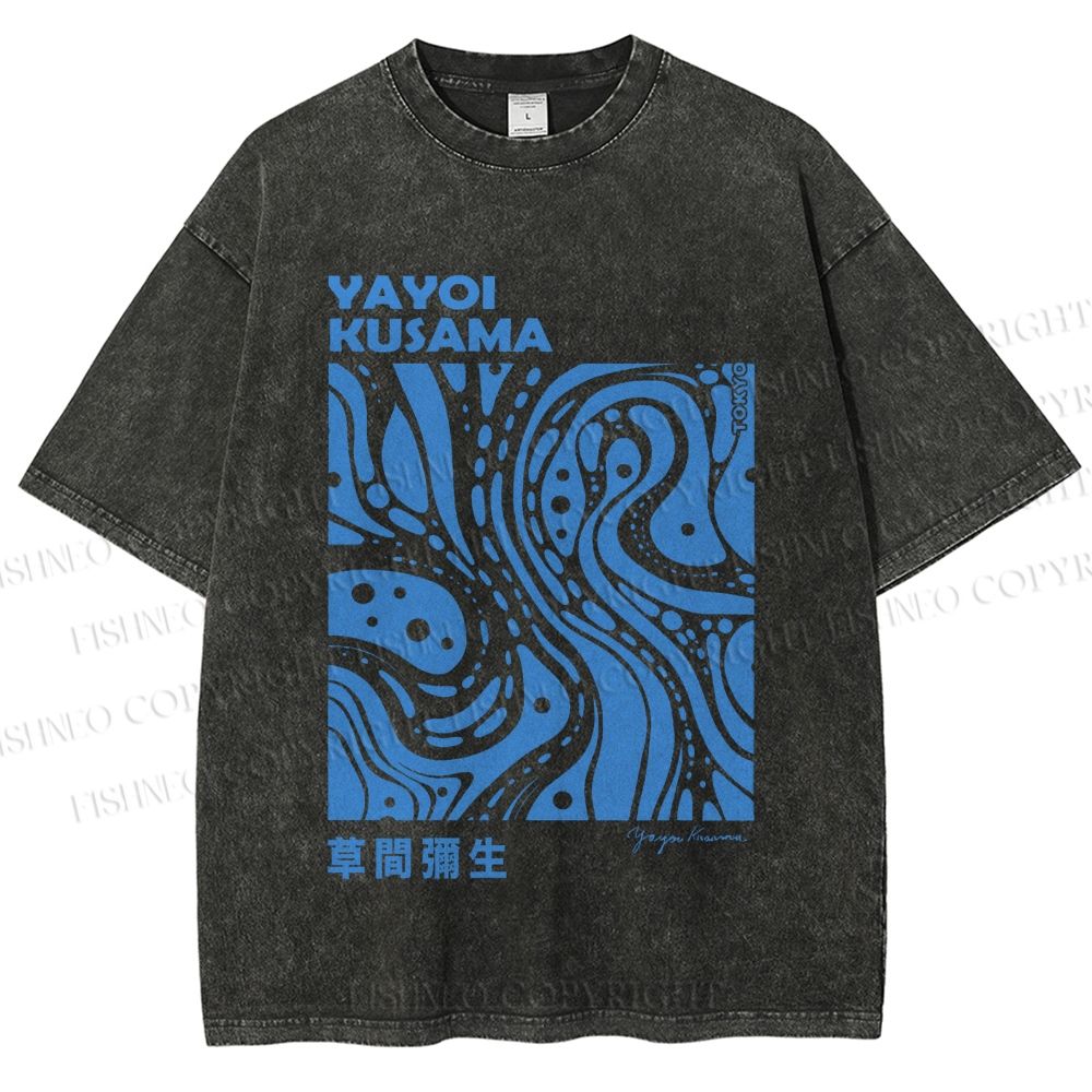 Unisex Yayoi Kusama Blue River Line Graffiti Printed Washed Tee