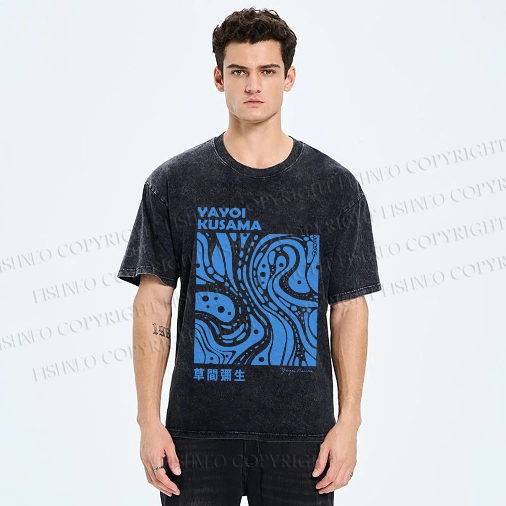 Unisex Yayoi Kusama Blue River Line Graffiti Printed Washed Tee