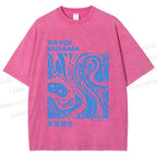 Unisex Yayoi Kusama Blue River Line Graffiti Printed Washed Tee