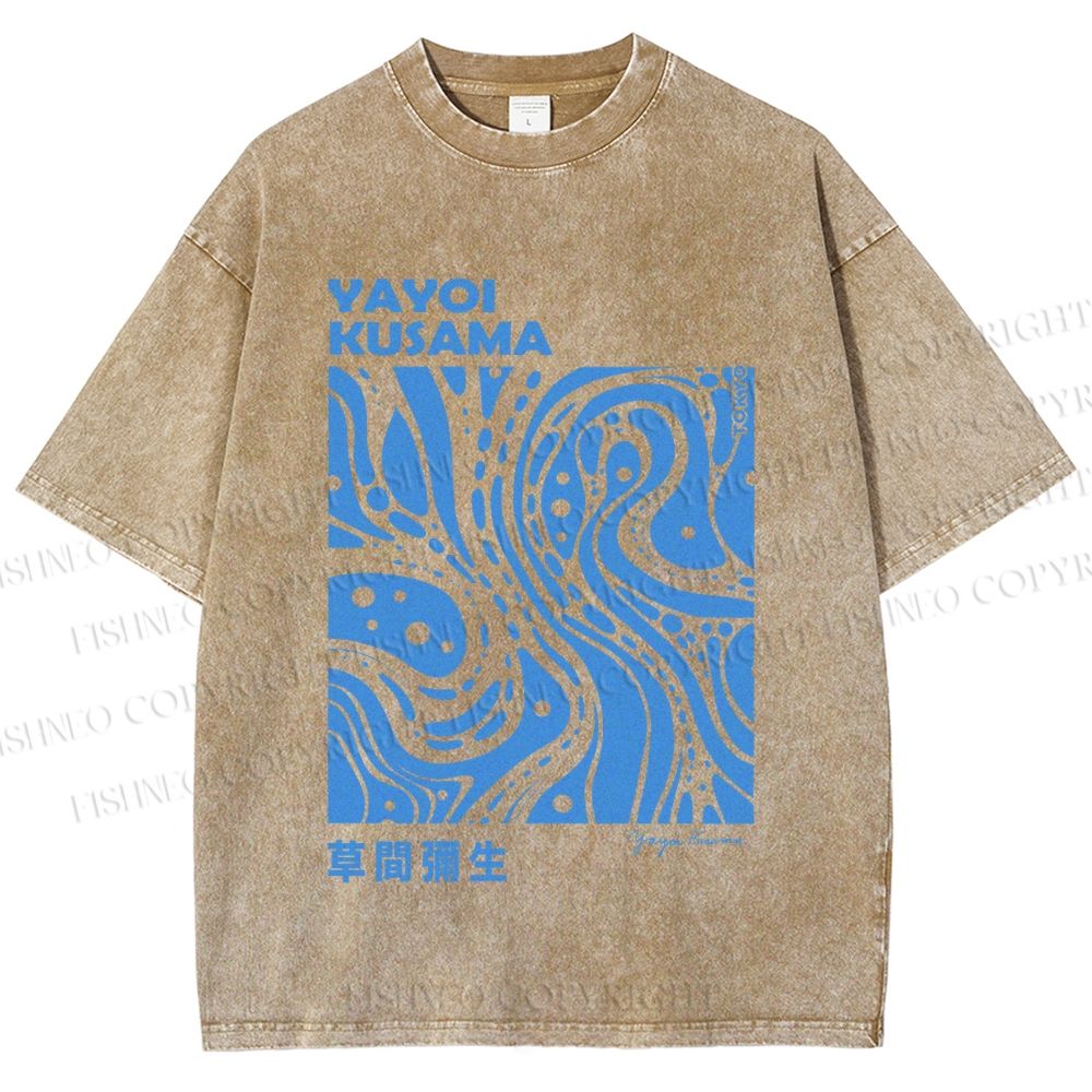 Unisex Yayoi Kusama Blue River Line Graffiti Printed Washed Tee