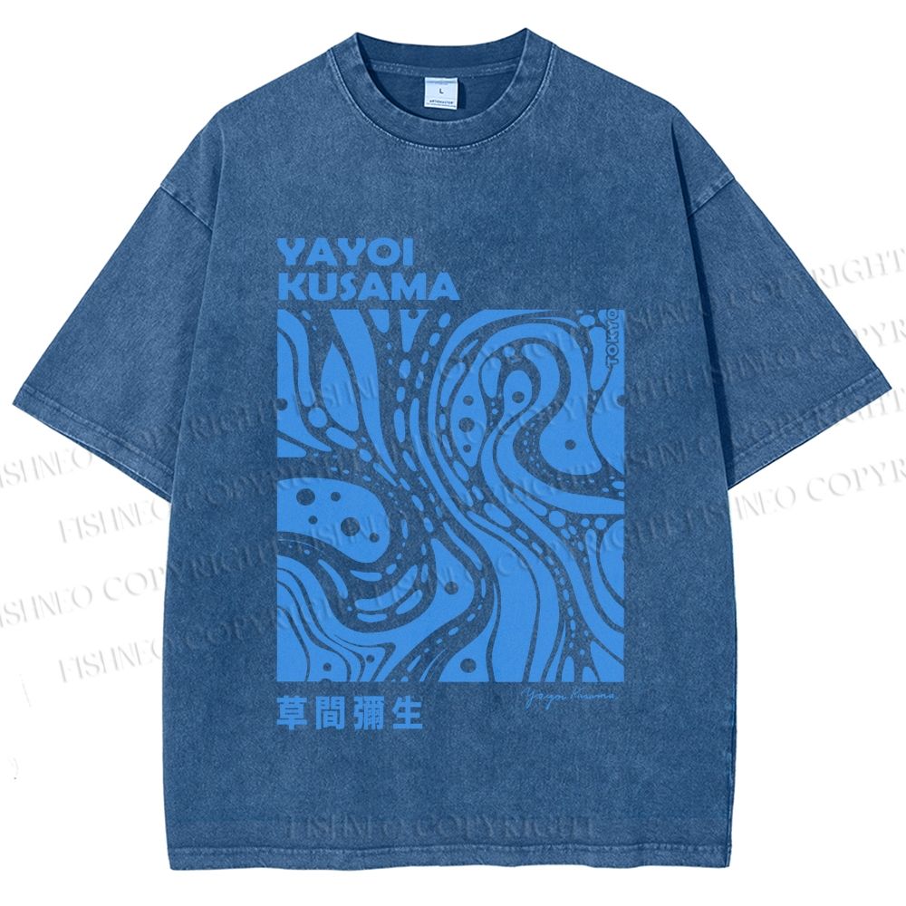 Unisex Yayoi Kusama Blue River Line Graffiti Printed Washed Tee