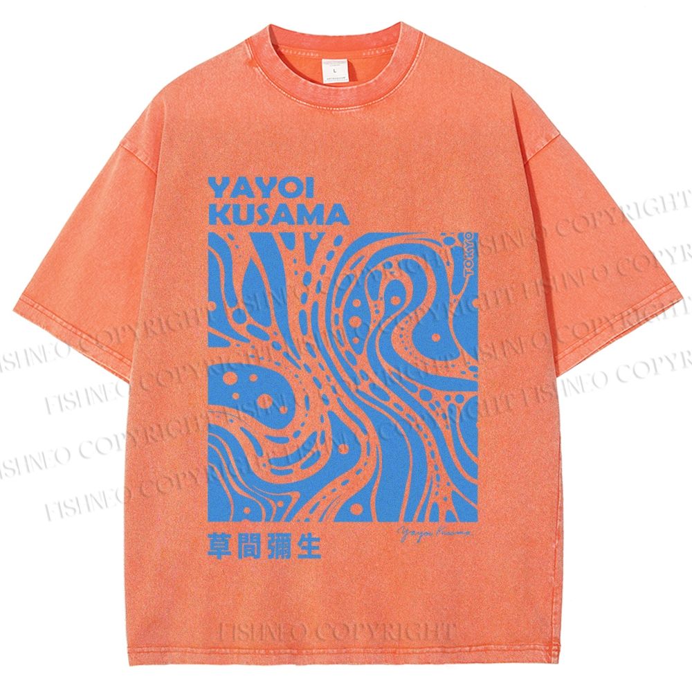 Unisex Yayoi Kusama Blue River Line Graffiti Printed Washed Tee