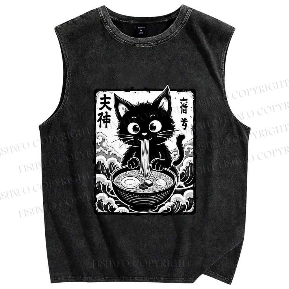 Unisex Japanese Ramen Cat Printed Washed Tank Top