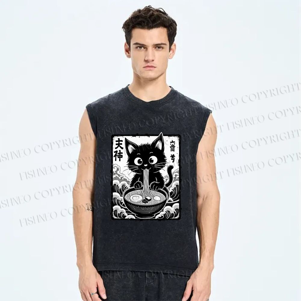 Unisex Japanese Ramen Cat Printed Washed Tank Top