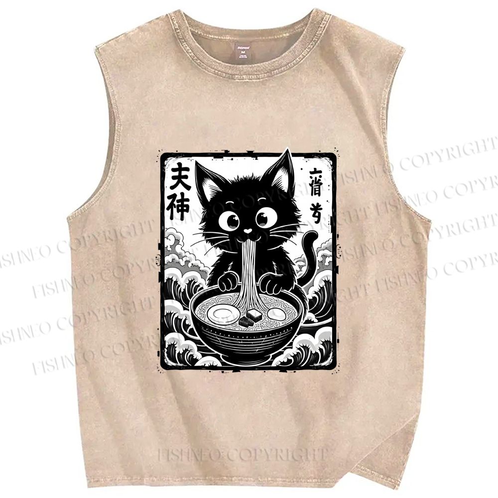 Unisex Japanese Ramen Cat Printed Washed Tank Top