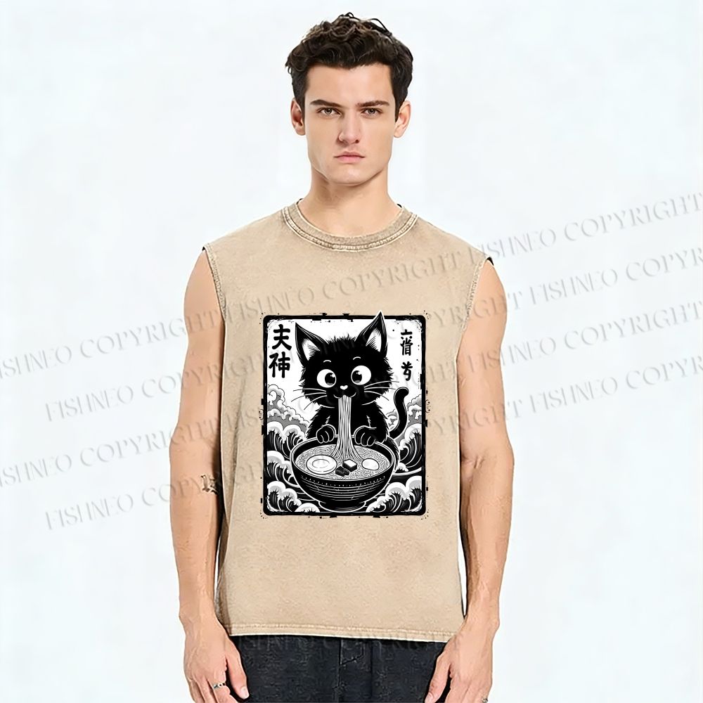 Unisex Japanese Ramen Cat Printed Washed Tank Top