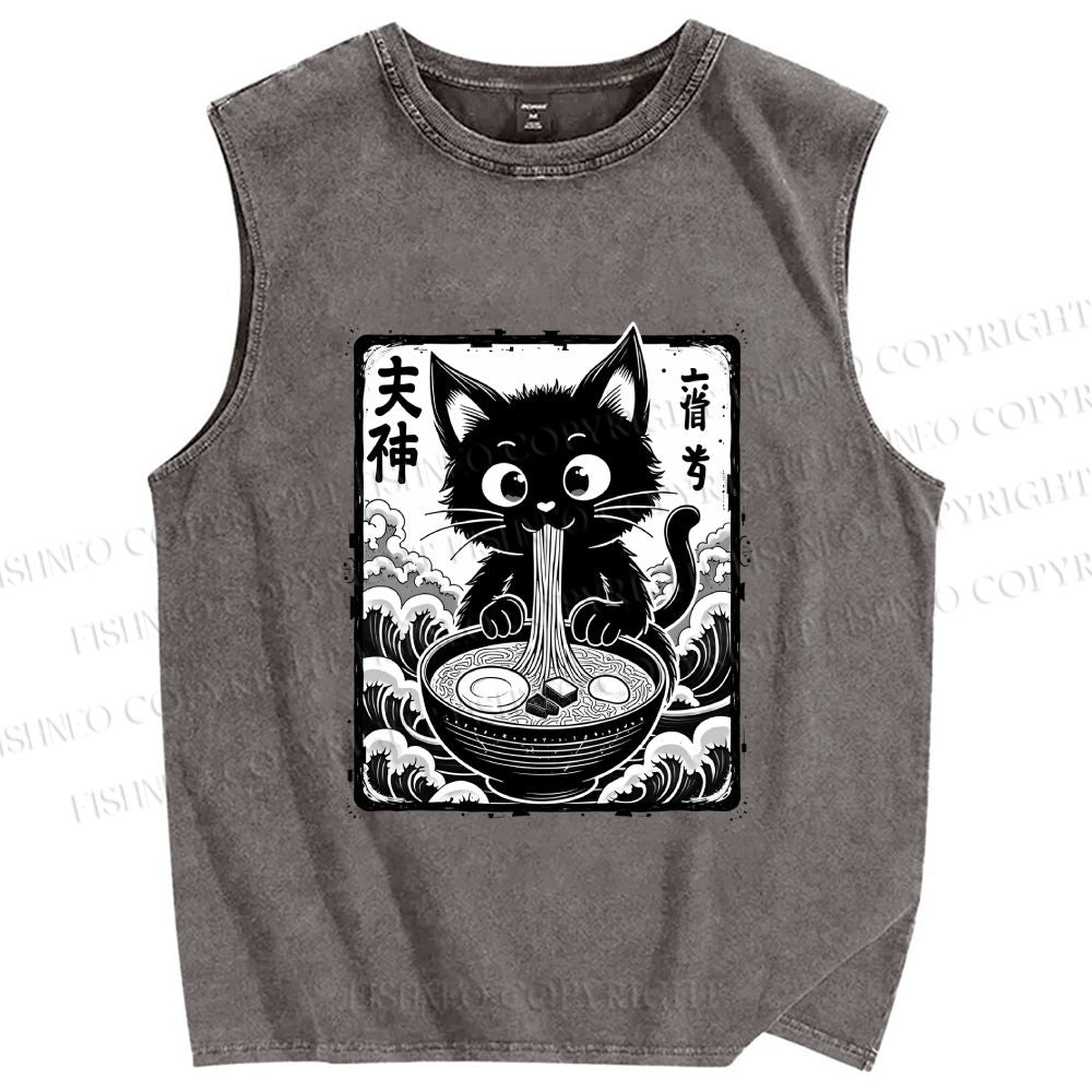 Unisex Japanese Ramen Cat Printed Washed Tank Top