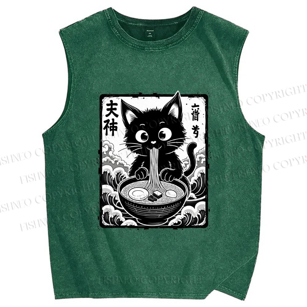 Unisex Japanese Ramen Cat Printed Washed Tank Top