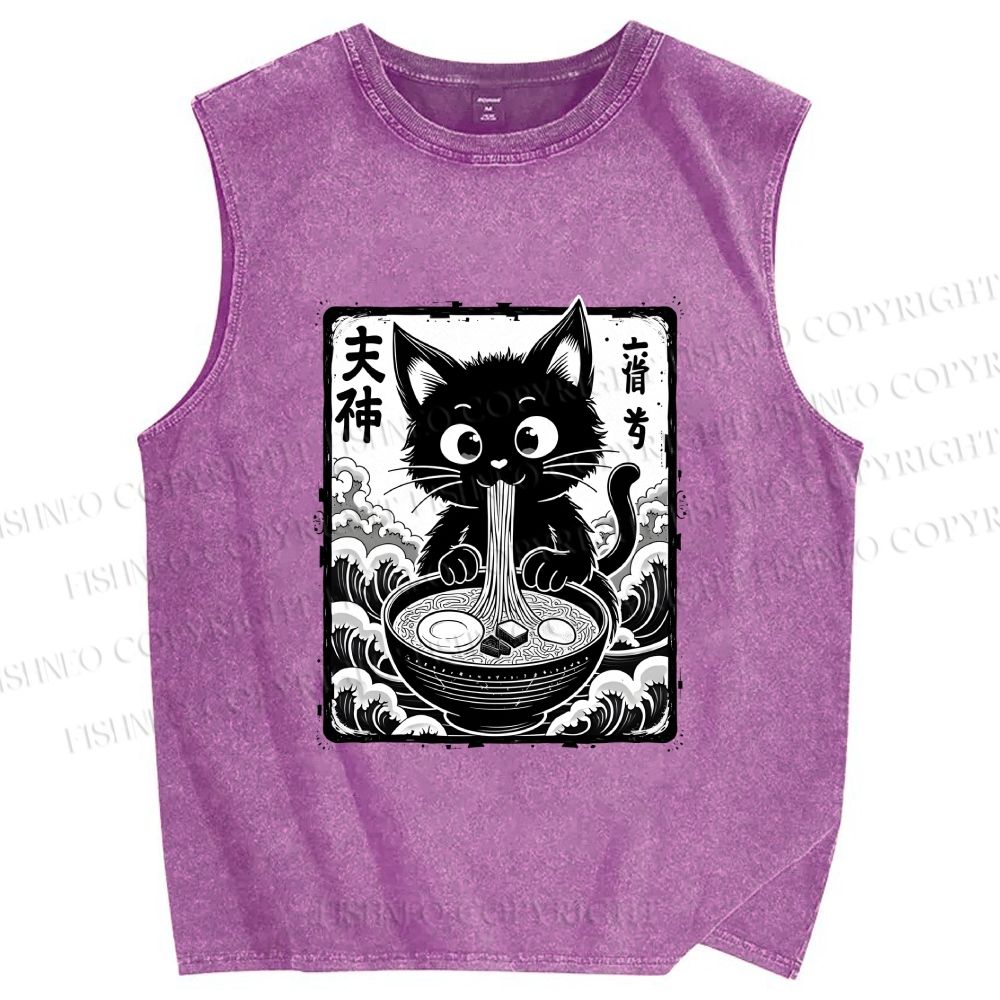 Unisex Japanese Ramen Cat Printed Washed Tank Top