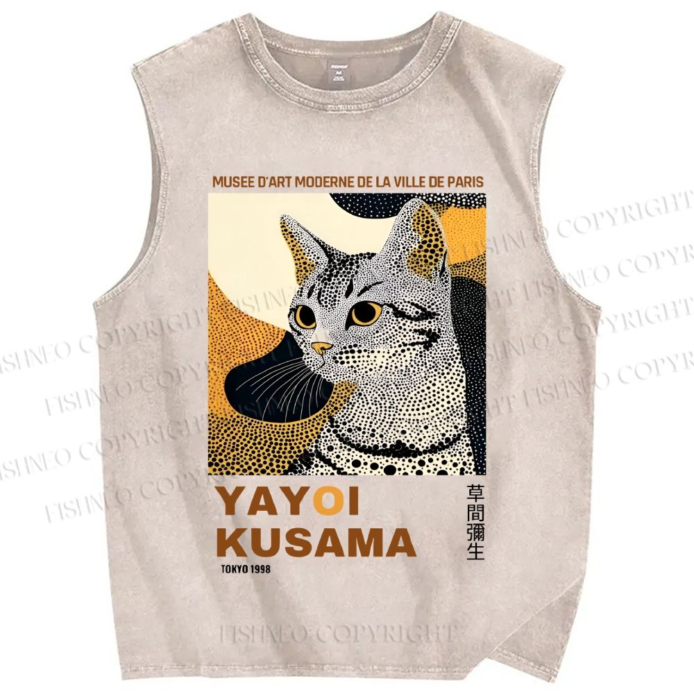 Unisex Yayoi Kusama Cat Printed Washed Tank Top