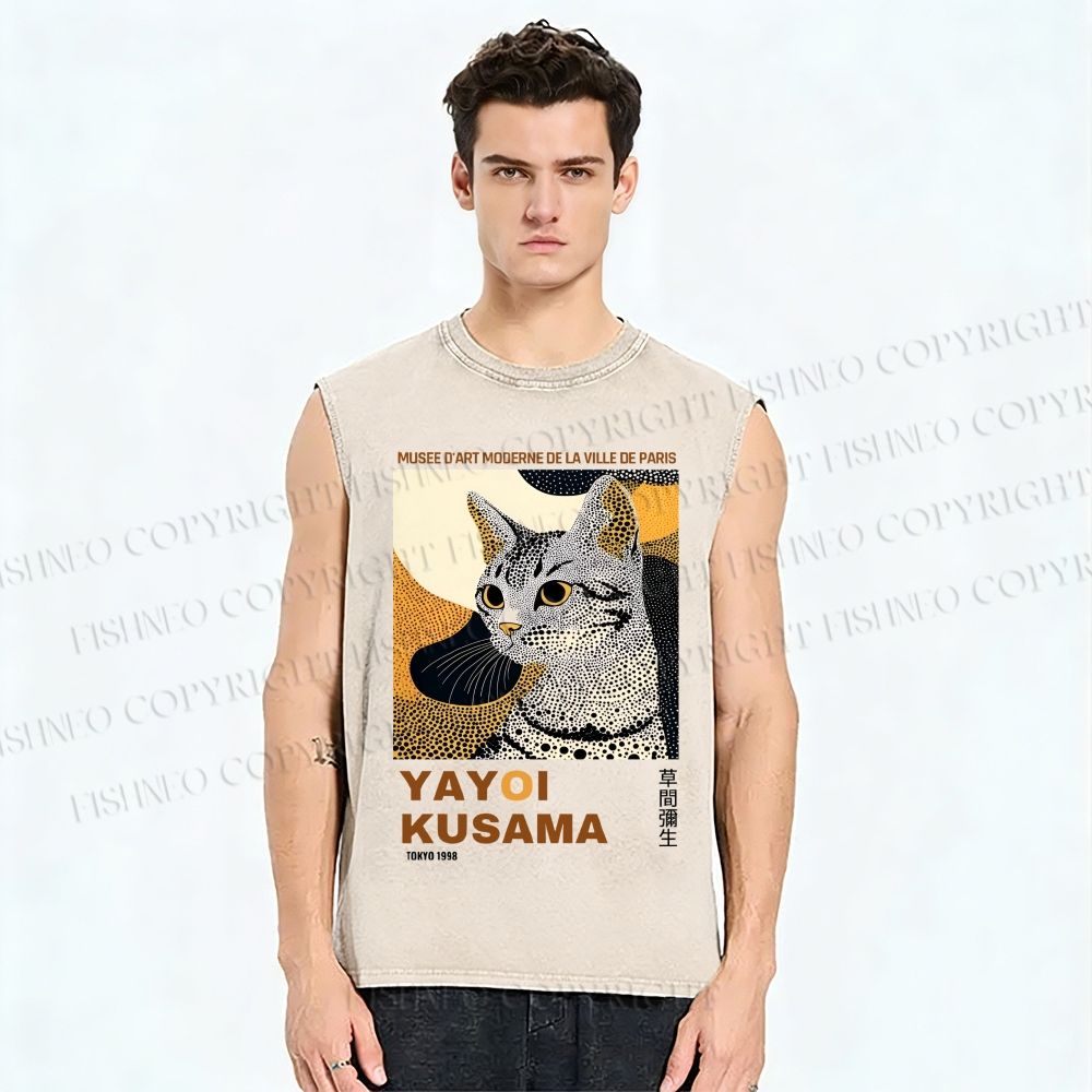 Unisex Yayoi Kusama Cat Printed Washed Tank Top