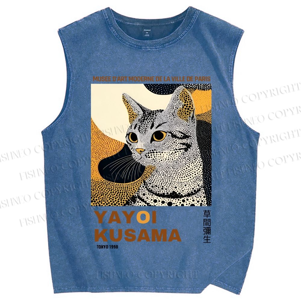 Unisex Yayoi Kusama Cat Printed Washed Tank Top