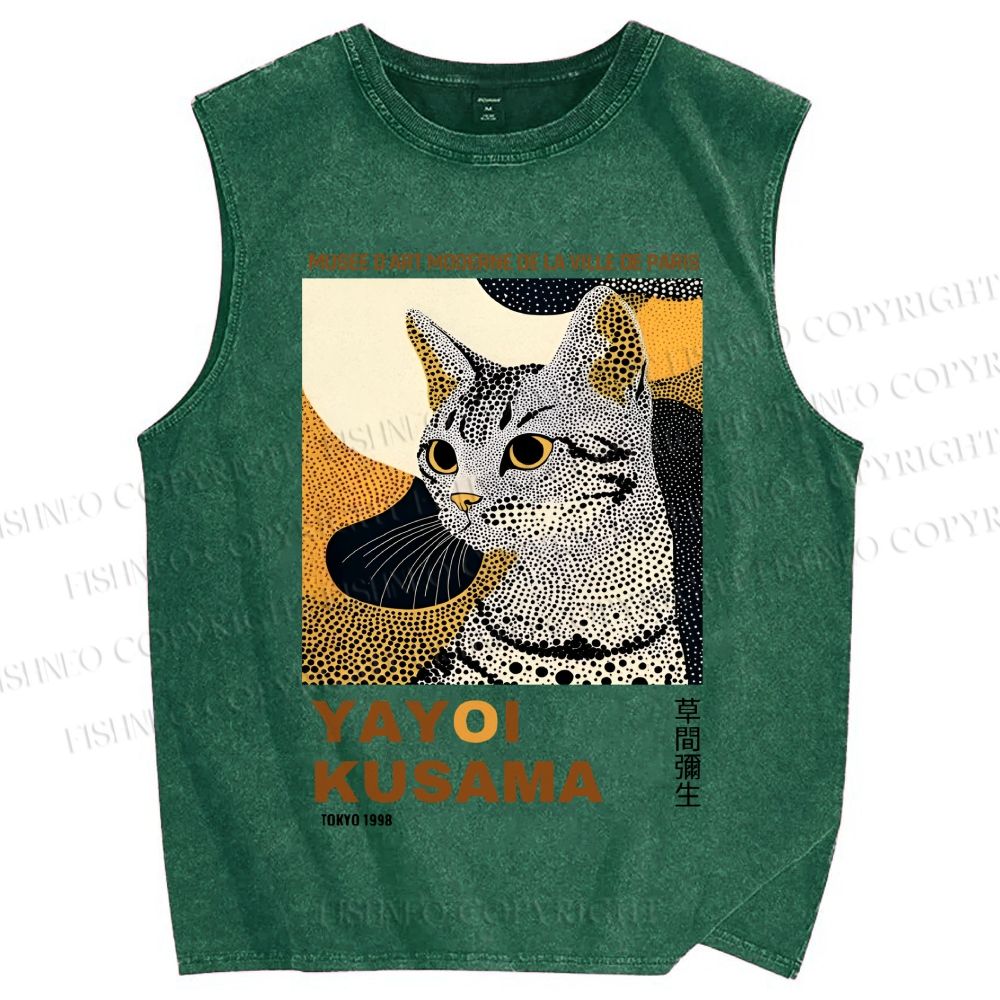 Unisex Yayoi Kusama Cat Printed Washed Tank Top