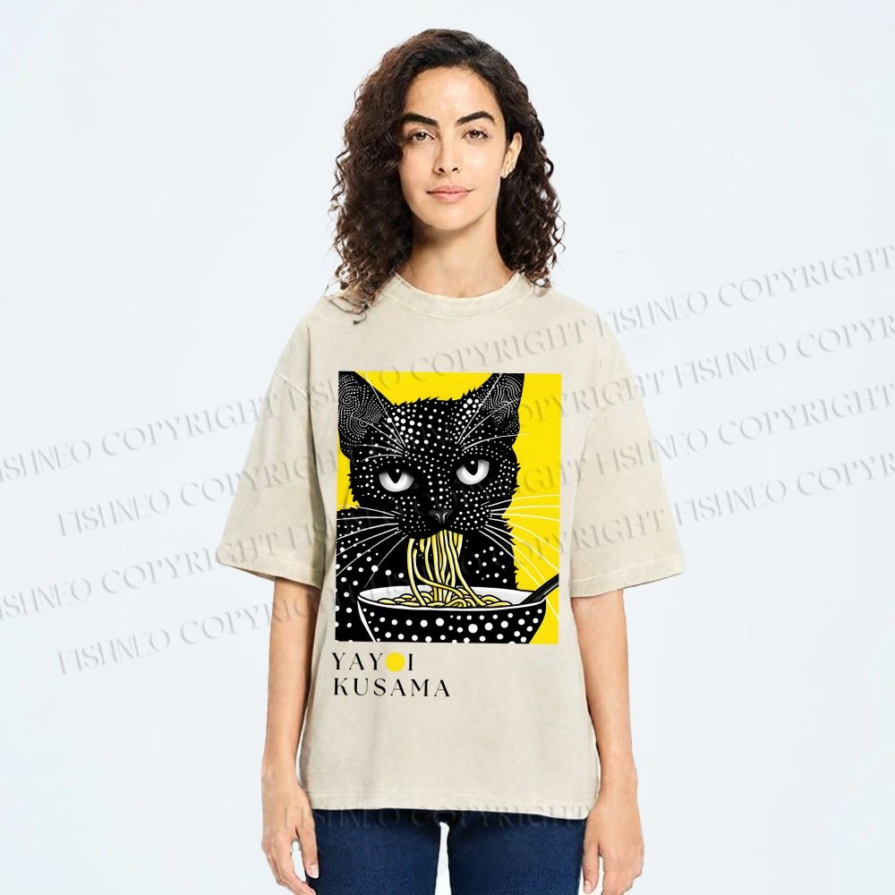 Unisex Yayoi Kusama Polka Dot Ramen Cat Printed Washed Tee