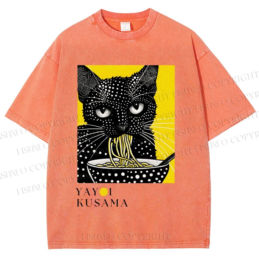 Unisex Yayoi Kusama Polka Dot Ramen Cat Printed Washed Tee