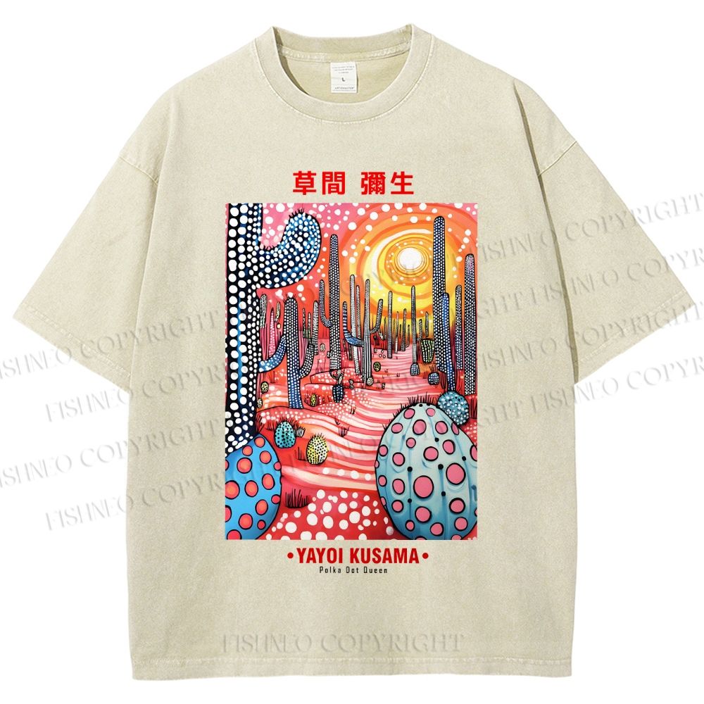Unisex Yayoi Kusama Artistic Polka Dot Cactus Printed Washed Tee