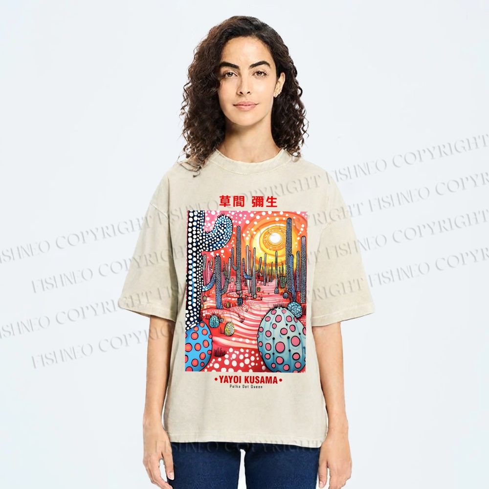 Unisex Yayoi Kusama Artistic Polka Dot Cactus Printed Washed Tee