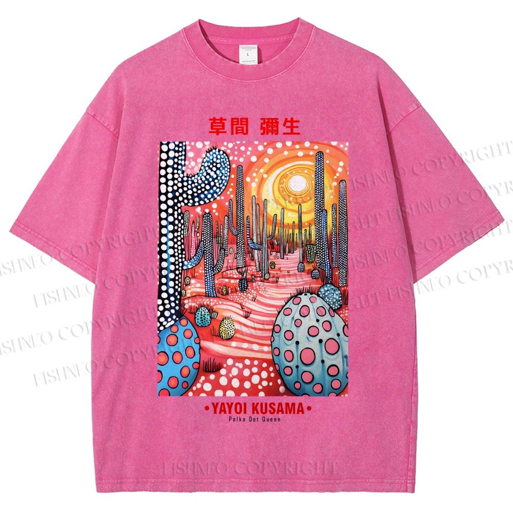 Unisex Yayoi Kusama Artistic Polka Dot Cactus Printed Washed Tee