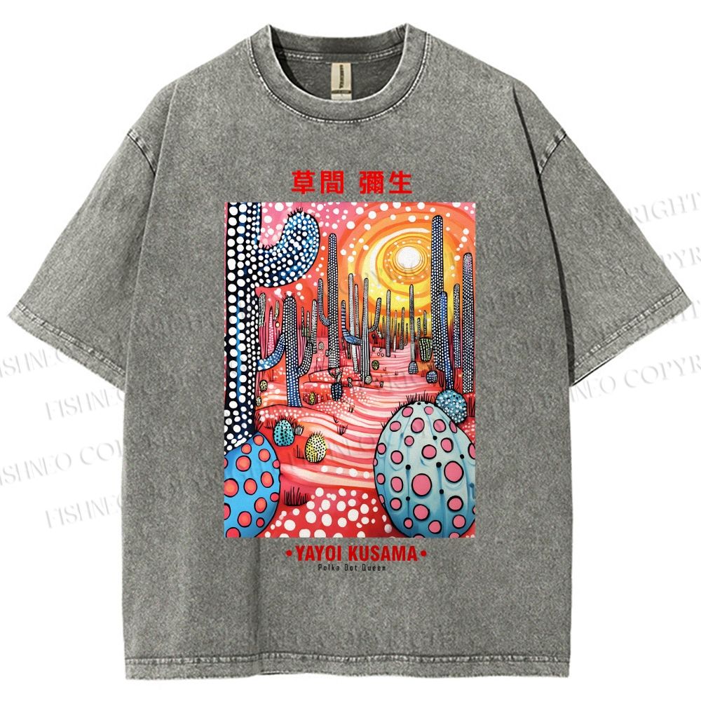 Unisex Yayoi Kusama Artistic Polka Dot Cactus Printed Washed Tee