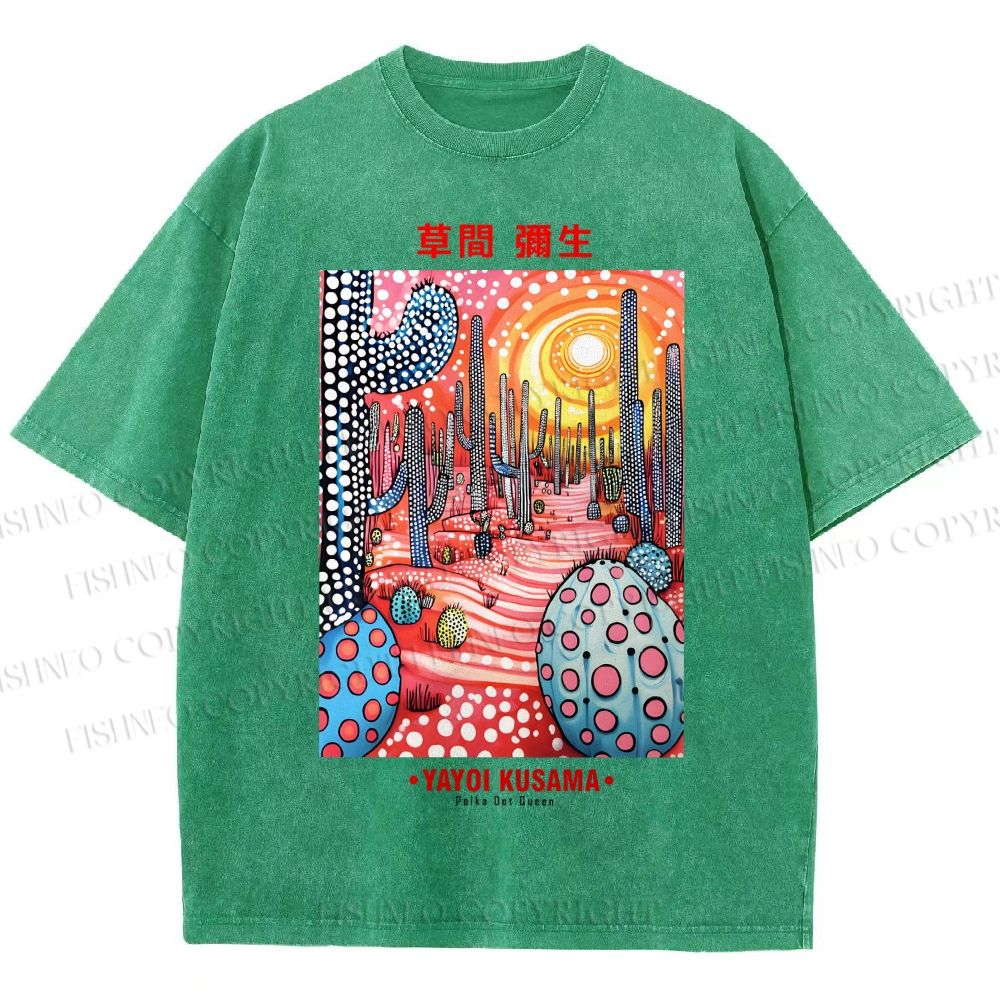Unisex Yayoi Kusama Artistic Polka Dot Cactus Printed Washed Tee