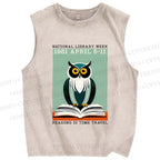 Unisex National Library Week Owl Printed Washed Tank Top