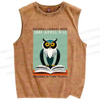 Unisex National Library Week Owl Printed Washed Tank Top