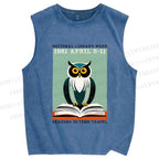 Unisex National Library Week Owl Printed Washed Tank Top