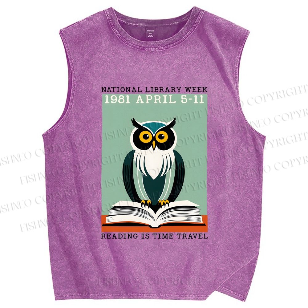 Unisex National Library Week Owl Printed Washed Tank Top