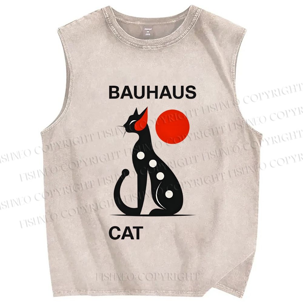 Unisex Bauhaus Cat Printed Washed Tank Top
