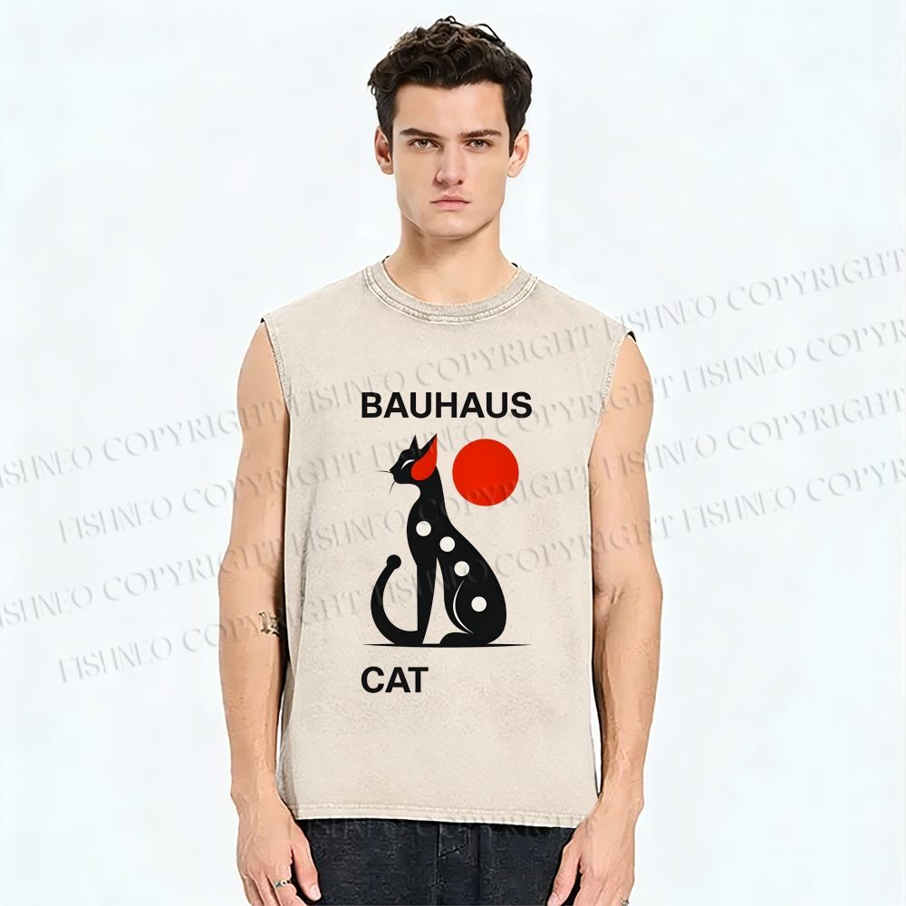 Unisex Bauhaus Cat Printed Washed Tank Top