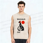 Unisex Bauhaus Cat Printed Washed Tank Top